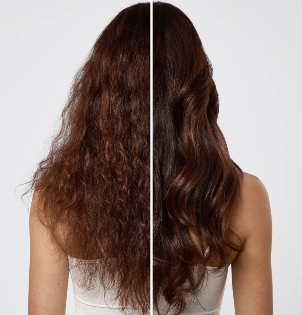 A woman with long brown hair is shown from the back; the left side is frizzy and dry, while the right side is smooth, shiny, and styled in loose waves. Fearrington Village